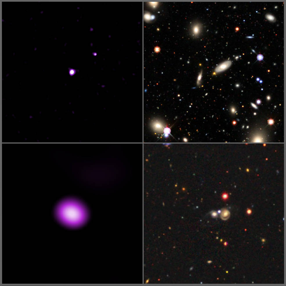Four photos. The top left photo contains two small purple dots on a black background. The bottom left is one large purple oval in the middle of the screen. The top and bottom right shows ovals and dots of light of varying brightness.