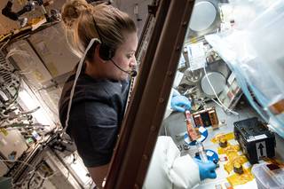 A female astronaut working on a heart investigation using the science glovebox