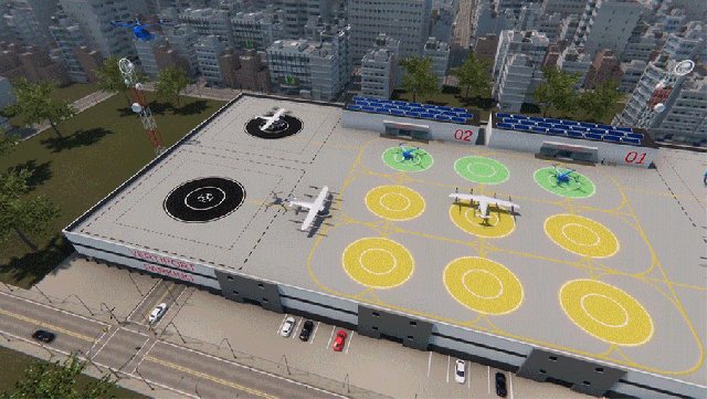 Animation of air vehicles taking off and landing on a vertiport.