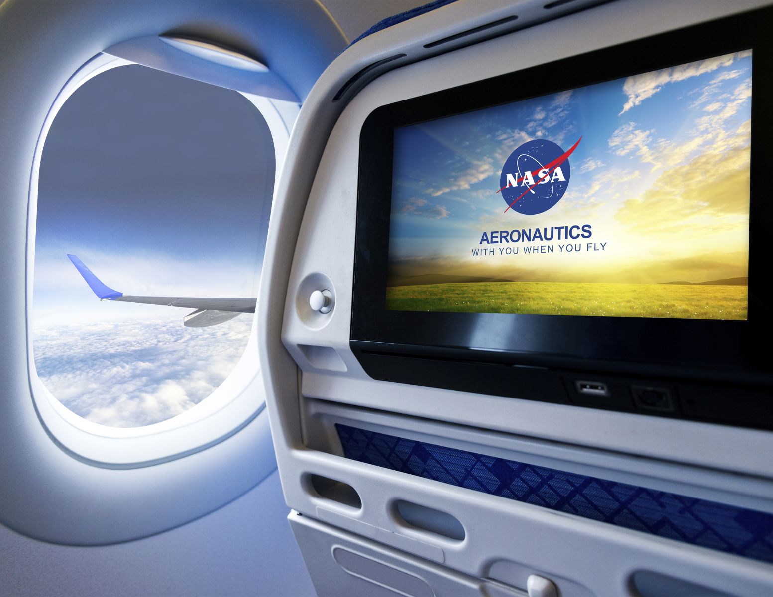 Screen on the back of an airplane seat showing NASA Aeronautics.