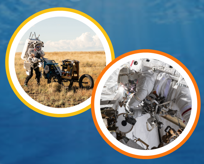 Two circles filled with a person in an astronaut suit operating equipment