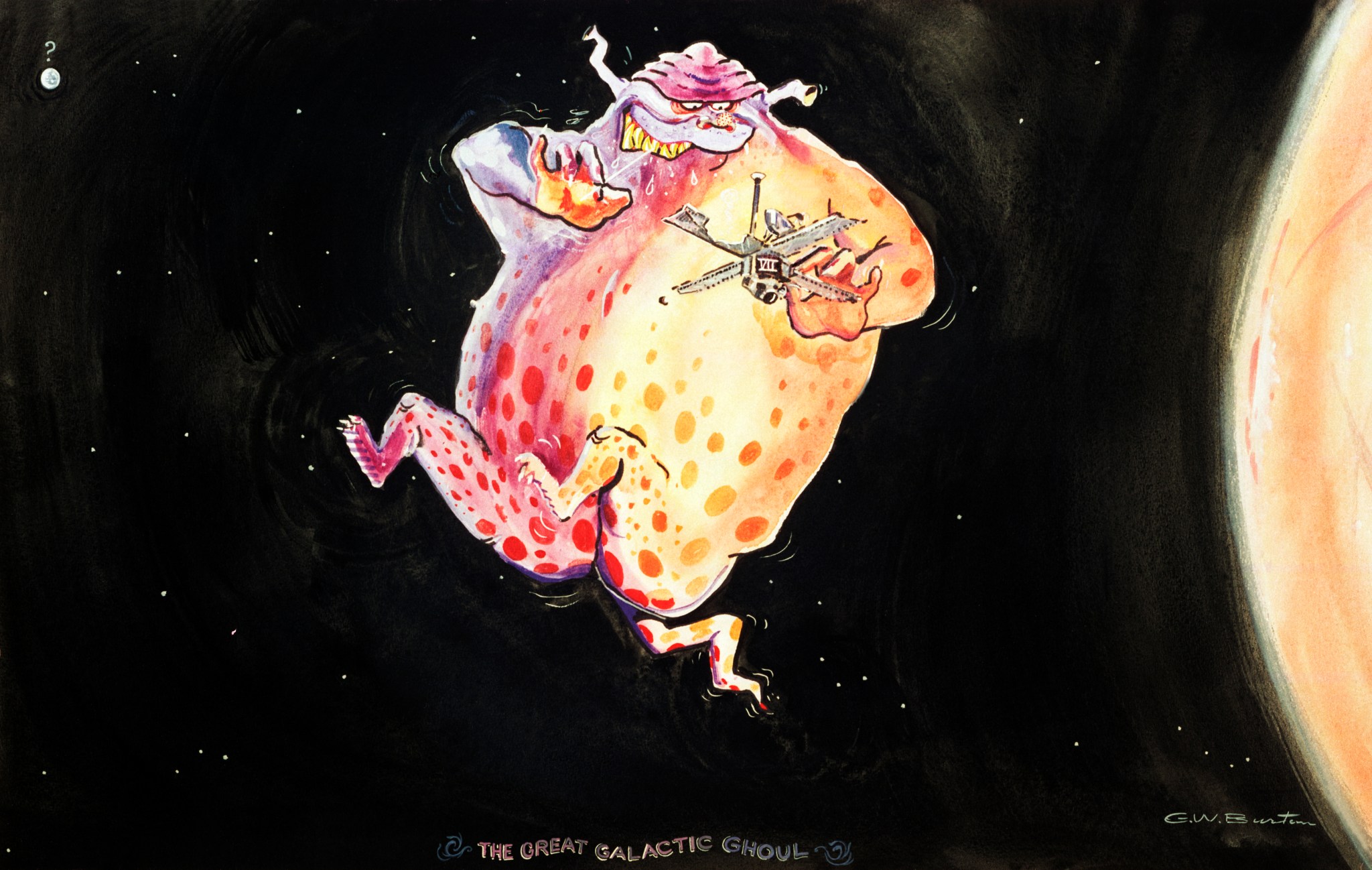 Drawing of a colorful ghoul floating in space eating the Mariner seven spacecraft near Mars. 