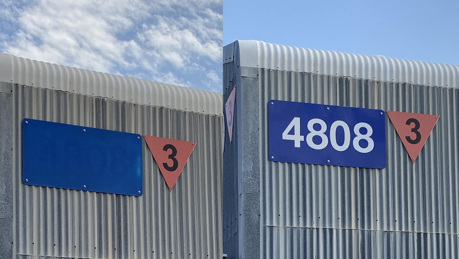 Before and after images of faded and new signs on the side of buildings.