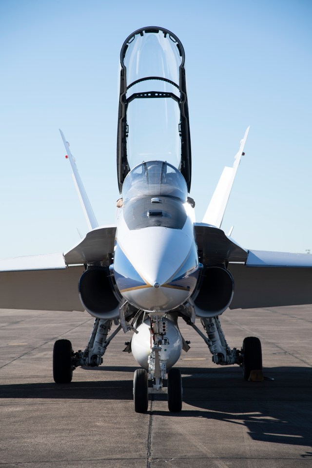 Front view of the F/A-18 research aircraft on the ground.
