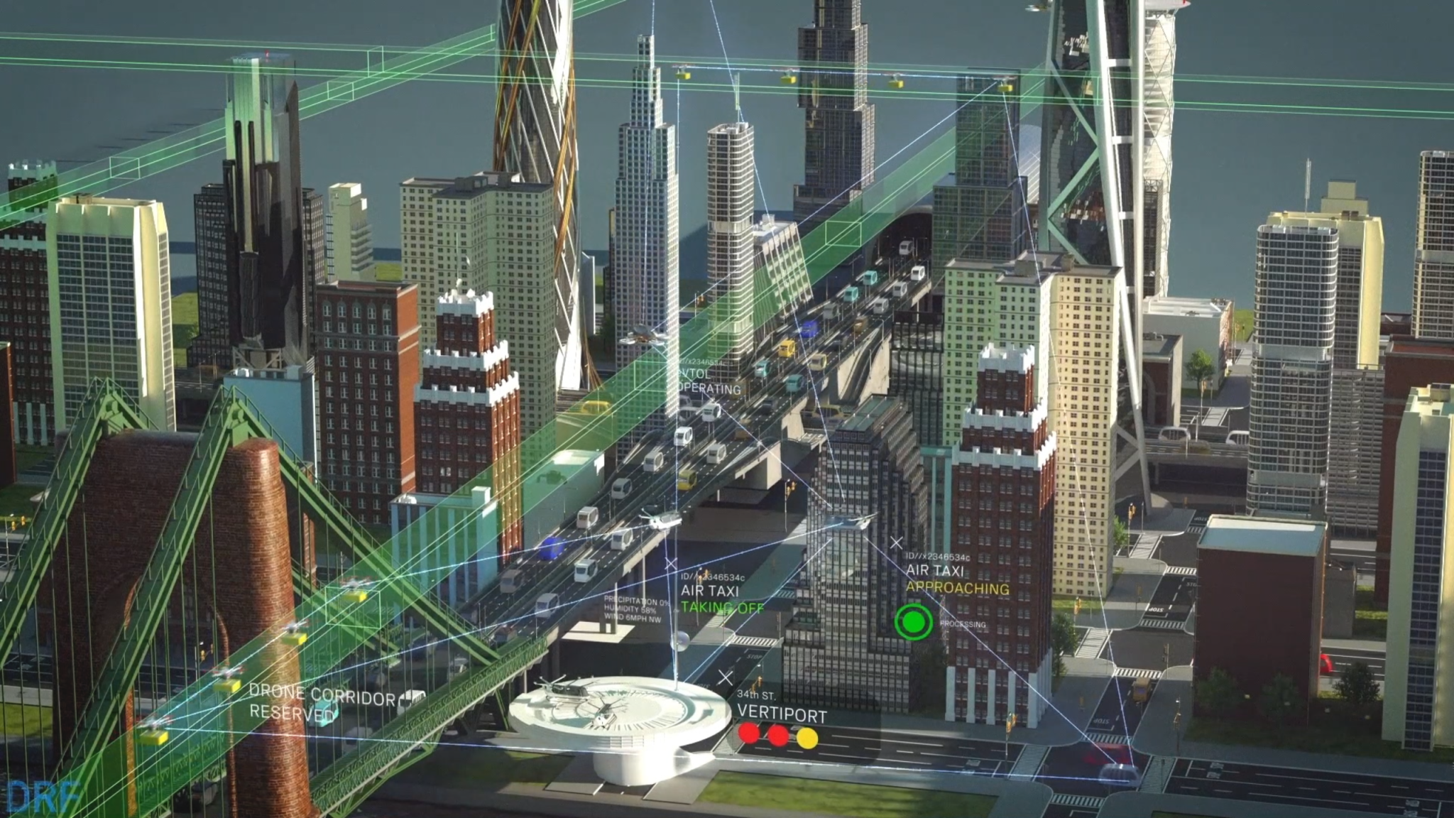 This illustration shows a “smart city” urban landscape as it may be viewed by an autonomous drone using Data and Reasoning Fabric.