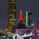 The Terminal Tower is illuminated in red to commemorate the Landing of NASA’s Perseverance Rover on the surface of Mars, February 18, 2021.