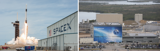 A side-by-side photo of SpaceX's processing hangar and Boeing's Commercial Crew and Cargo Processing Facility at NASA's Kennedy Space Center in Florida.