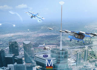 Aerial view of a city with various vehicles in flight.