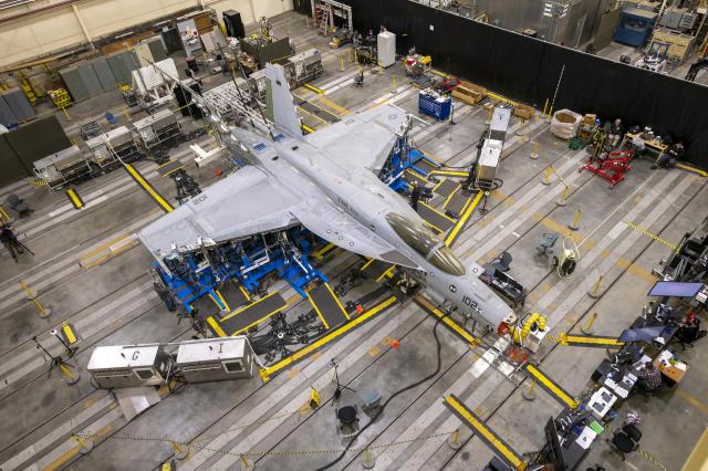 A top view shows the wing loading test configuration of an F/A-18E from the Naval Air Systems Command (NAVAIR) in Patuxent River, Maryland. Staff from NASA’s Armstrong Flight Research Center in Edwards, California, assisted in preparing this F/A-18E aircraft for its new role as the Navy’s next loads test aircraft.