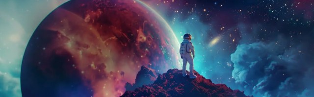 Artist's depiction of an astronaut standing on top of a mountain before a colorful space background