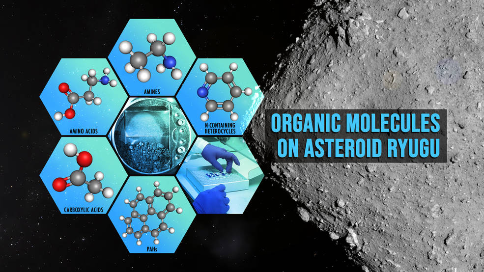 Conceptual image of organic molecules found in asteroid Ryugu