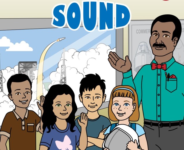 A drawing of a group of students and an educator with the word sound in the background