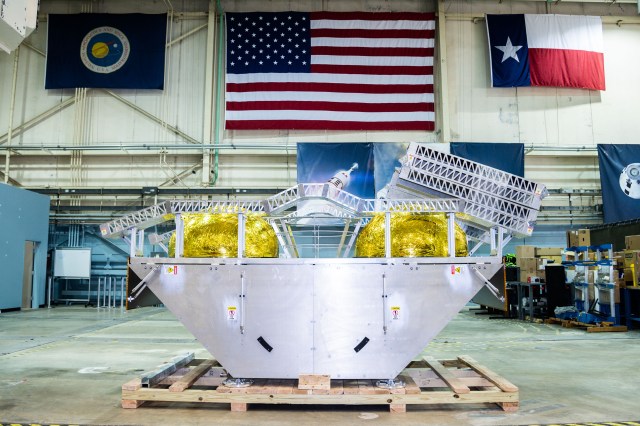 Astrobotic's Griffin lander mockup sits in JSC's Building 9