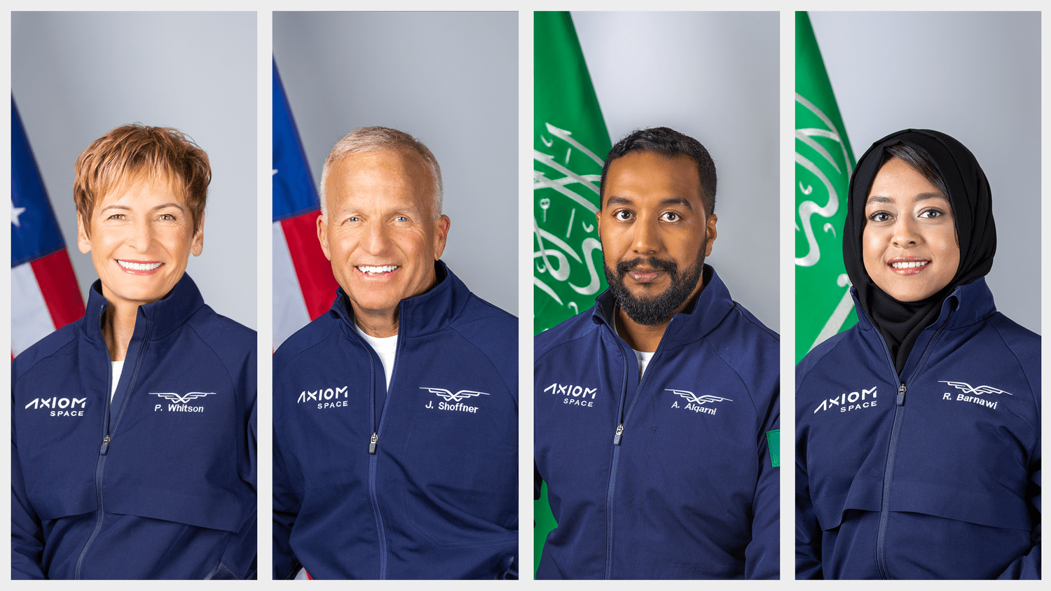 Crew members for the second private astronaut mission to the International Space Station, Axiom Mission 2 (Ax-2), left to right: Commander Peggy Whitson, Pilot John Shoffner, and Mission Specialists Ali Alqarni and Rayyanah Barnawi.  