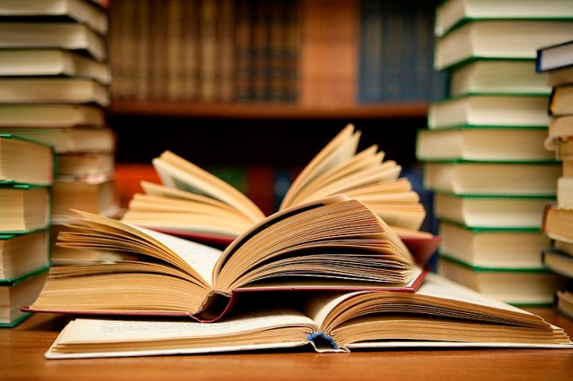 stack of books at the library