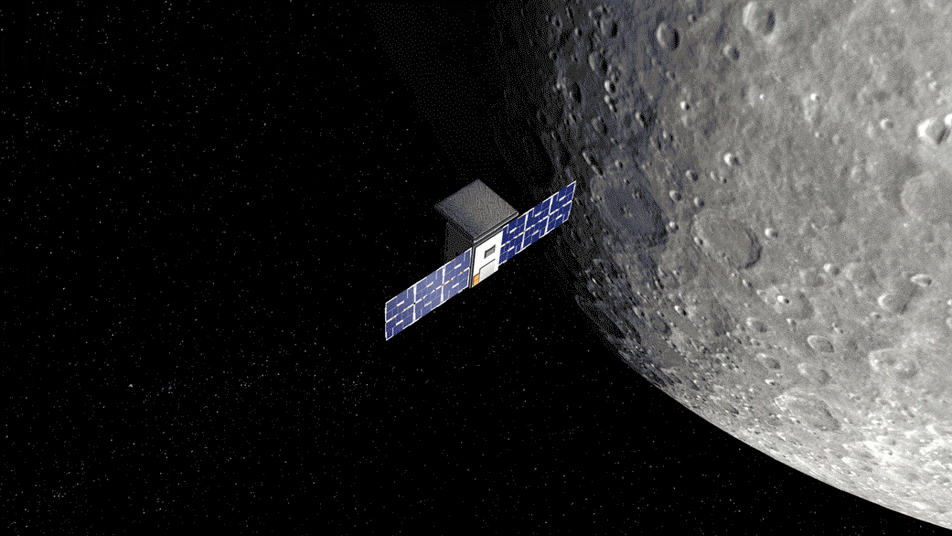animation of a satellite flying by the Moon