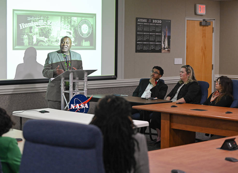 William Hampton, historian and founder of the Huntsville Revisited History Museum, speaks during Marshall’s Black History Month program Feb. 22.
