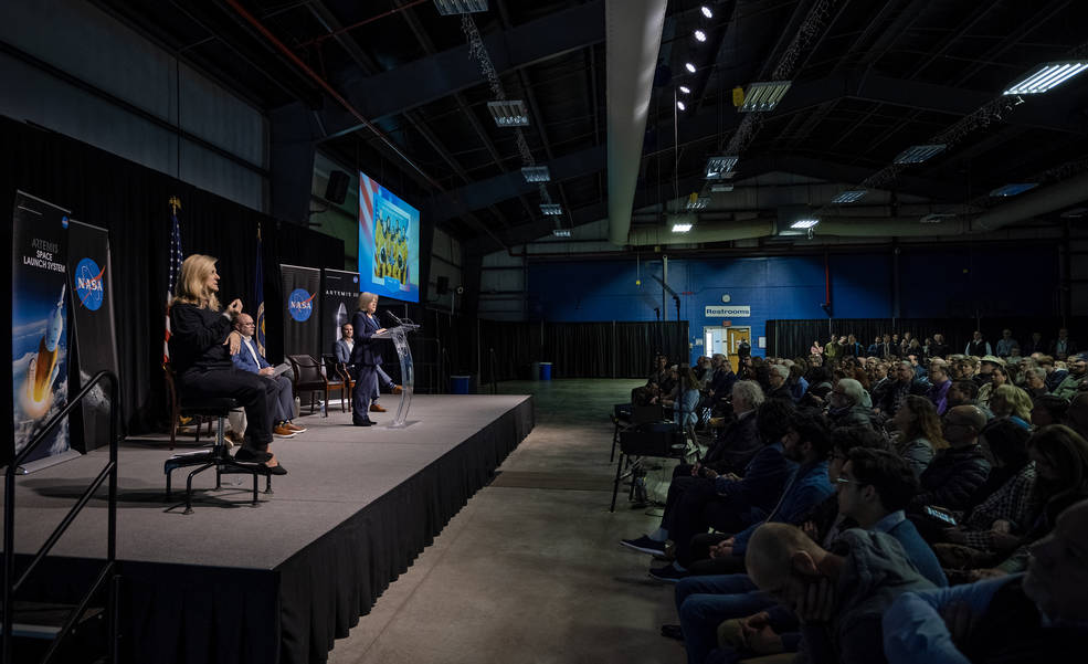 NASA Marshall Space Flight Center team members listen as Director Jody Singer, Larry Leopard, Joseph Pelfrey, and Jeramie Broadway lead an all-hands meeting Feb. 1 that focused on future center strategy. 