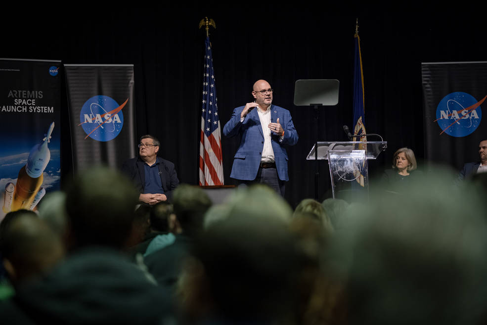 Marshall Deputy Director Joseph Pelfrey talks about future center strategy during the Feb. 1 all-hands meeting.