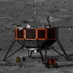 Rendering of the orange and black Nova-D lunar lander between two small lunar rovers on the dark gray surface of the Moon.