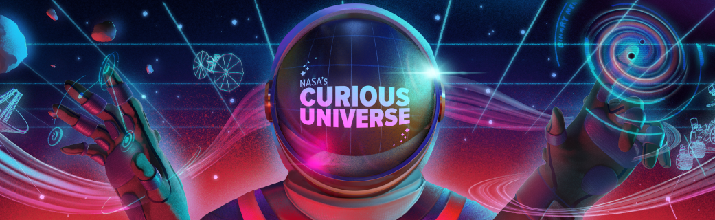 Futuristic style illustration of a spacesuit with virtual reality capabilities with "Curious Universe" on the front of the helmet. There are grid lines across the top of the image and a swirl across the bottom. The colors go from pink at the bottom to navy at the top. There are illustrated asteroids, a satellite, and, the Lucy spacecraft to the left and gravitational waves and a rover to the right.