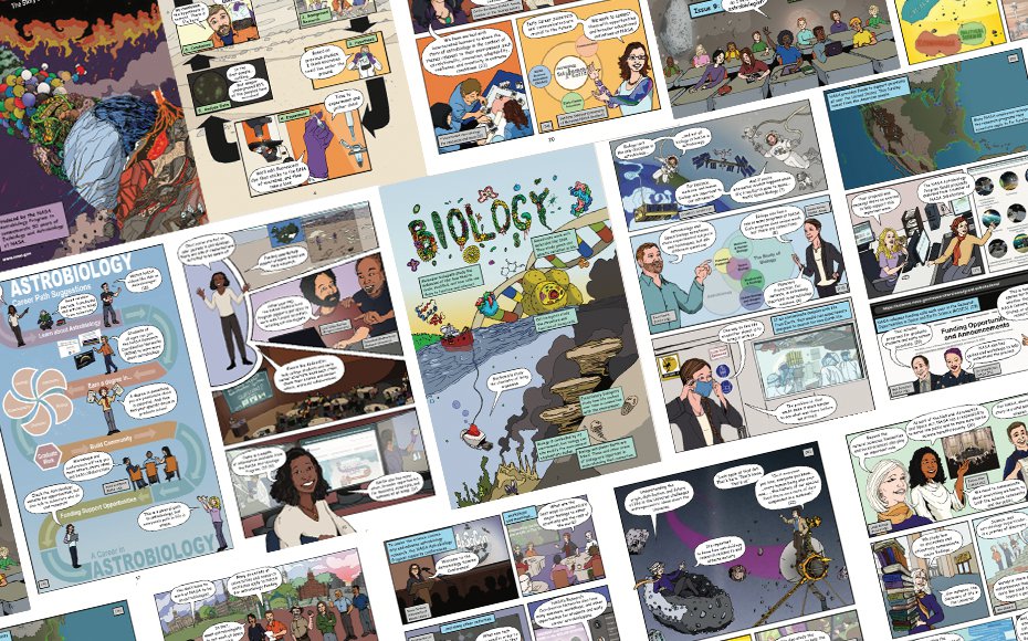 A collage of small thumbnails of pages from Issue 9 lined up together and at a slanted angle.