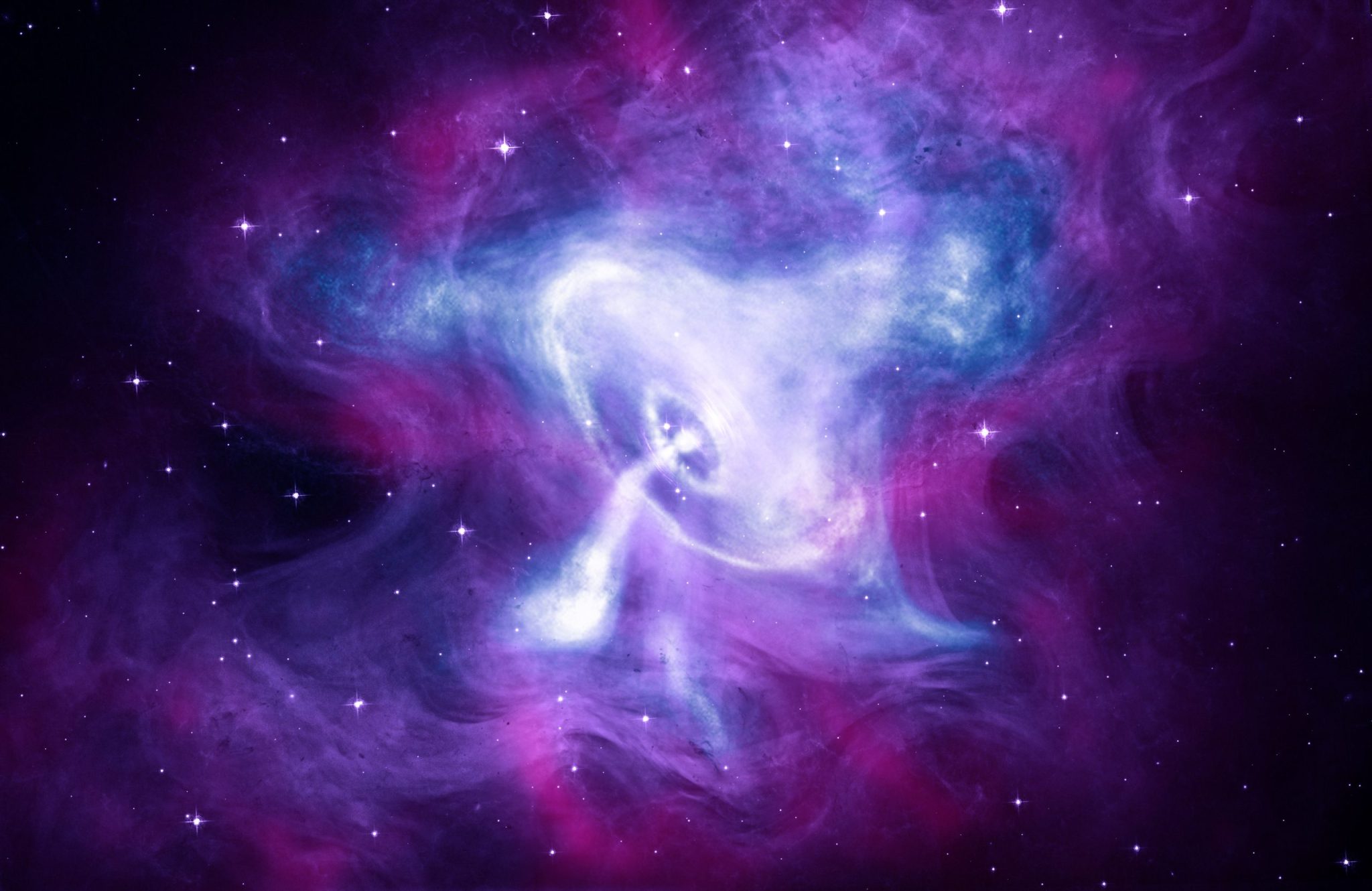 Composite image of the Crab Nebula with X-rays from NASA’s Chandra X-ray Observatory (blue and white), optical light from NASA’s Hubble Space Telescope (purple), and infrared light from NASA’s Spitzer Space Telescope (pink).