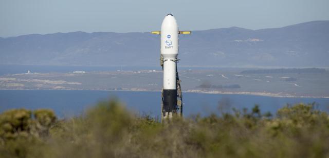 NASA's Double Asteroid Redirection Test, or DART, spacecraft is seen atop the SpaceX Falcon 9 rocket on the launch pad at Vandenberg Space Force Base in California.