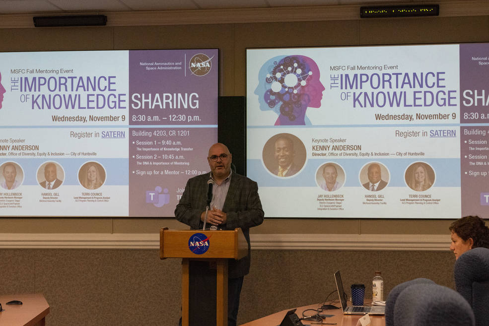 Marshall Space Flight Center Deputy Director Joseph Pelfrey talks during the center’s fall mentoring event in November. 