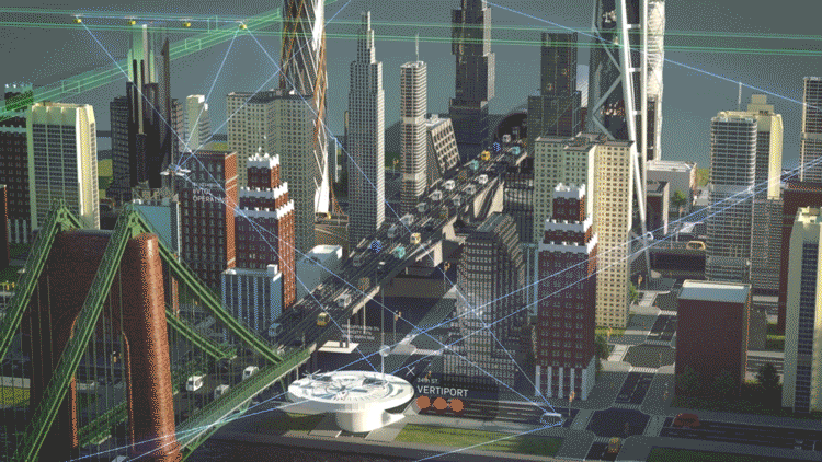 Animation showing an aerial view of a city with tall buildings and numerous small aircraft flying along designated paths. Colored zones indicate these paths, and text labels identify activities, like "air taxi taking off."