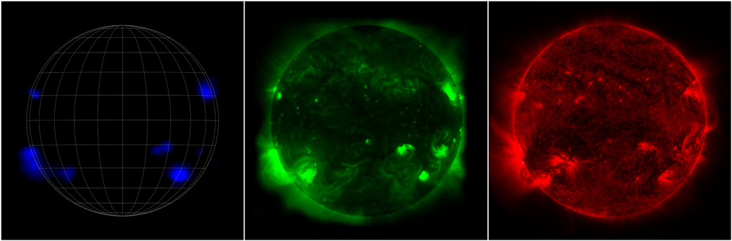 The Sun appears different depending on who’s looking. From left, NASA’s NuSTAR sees high-energy X-rays; the Japanese Aerospace Exploration Agency’s Hinode mission sees lower energy X-rays; and NASA’s Solar Dynamics Observatory sees ultraviolet light.