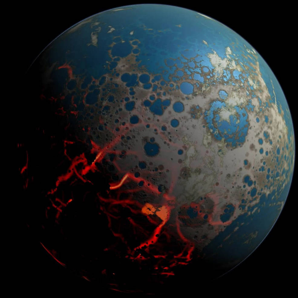 This illustration of early Earth includes liquid water as well as magma seeping from the planet’s core