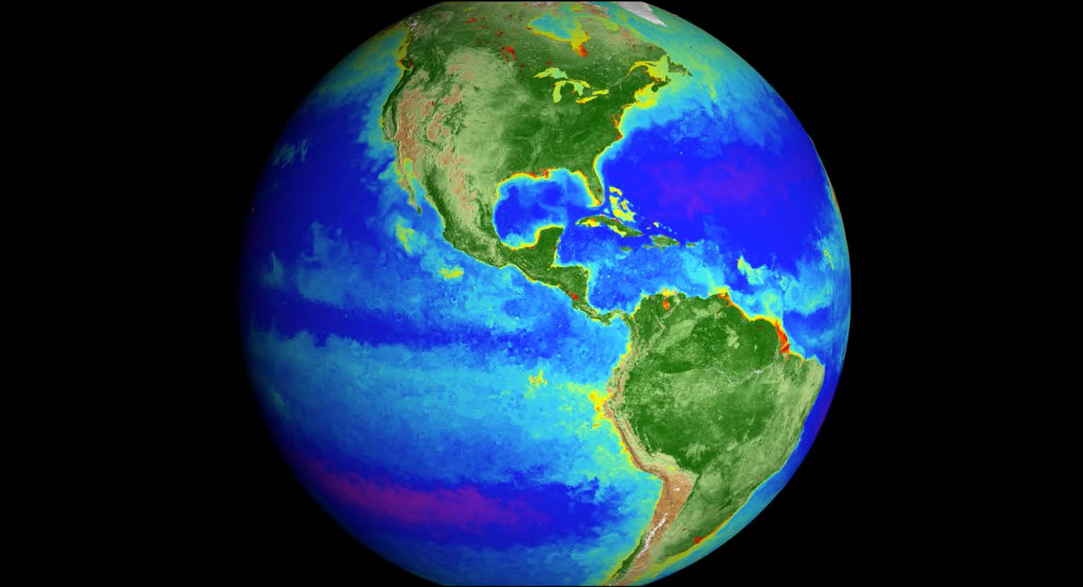 An illustration of Earth from space, with its land masses bright shades of green to brown, and its oceans vivid shades of blue, turquoise, and violet.