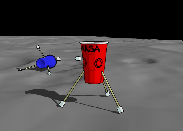 Lunar lander made out of a red solo cup and straws