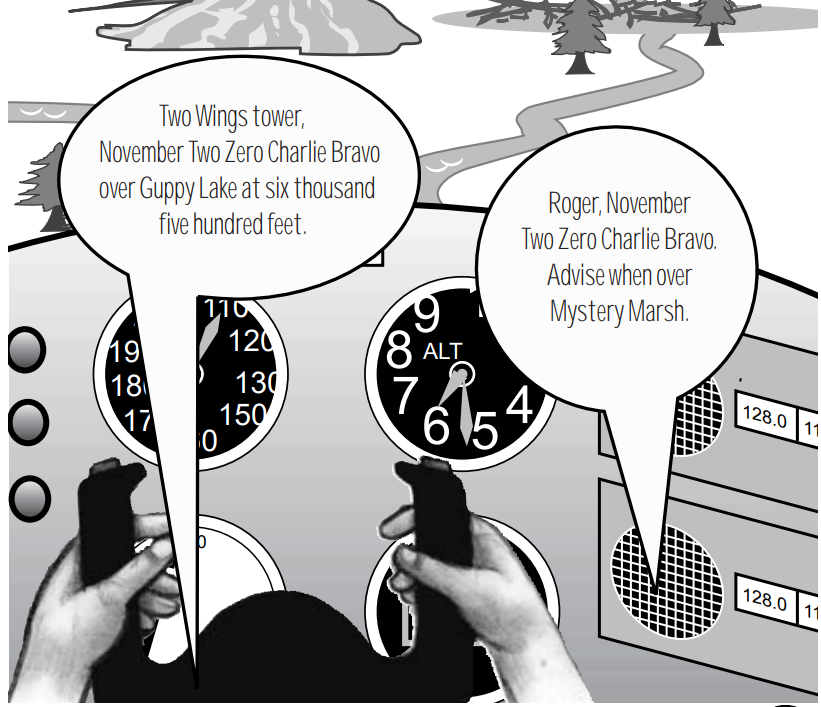 black and white cartoon illustration of someone flying a plane making a callout to ATC.