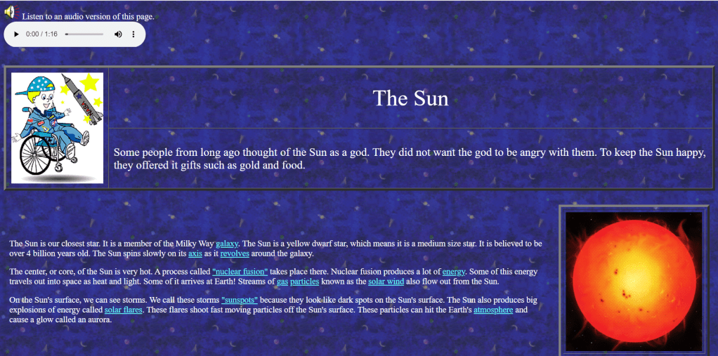 A screenshot of a page for kids about the sun.