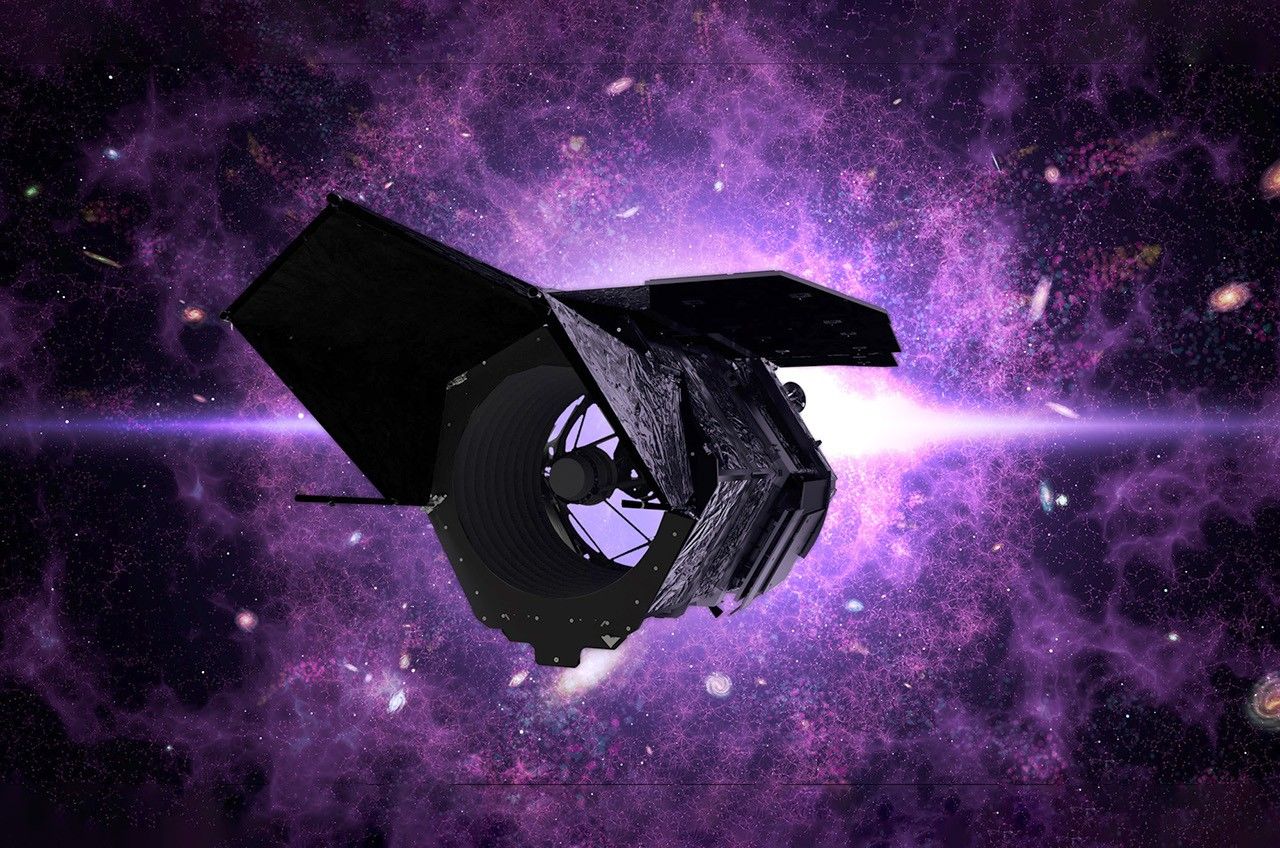 Illustration of the Nancy Grace Roman Space Telescope with a purple galaxy-like background