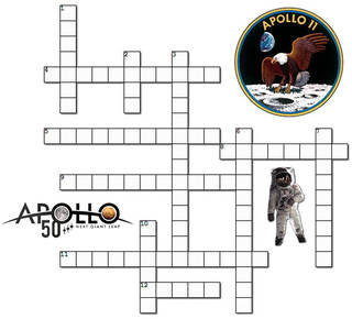 A crossword puzzle with the Apollo 11 logo, Apollo 50th anniversary logo and an astronaut in a spacesuit