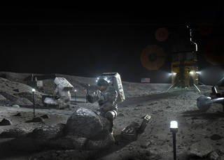 Image shows two NASA astronauts collecting samples on the Moon (lunar surface).