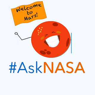#AskNASA with a cartoon of Mars holding a sign that reads Welcome to Mars!