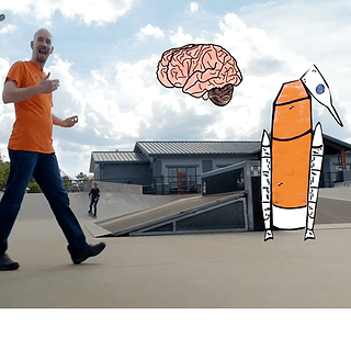 Cartoon illustration of the SLS rocket next to an illustration of a brain