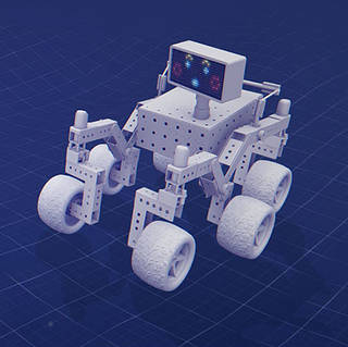 Blueprint drawing of a six-wheeled rover with an animated face