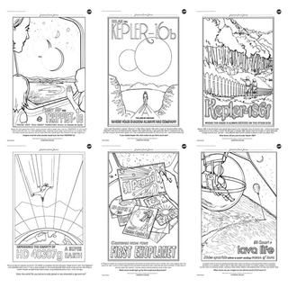 Black-and-white drawings of people visiting other planets