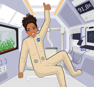 Cartoon crew member floating inside a spacecraft