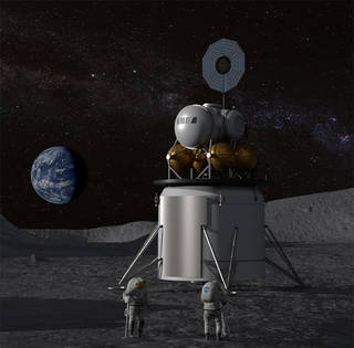 Illustration of a human landing system and crew on the lunar surface with Earth near the horizon