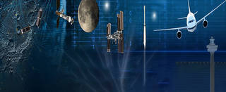 Collage of satellites, spacecraft, the International Space Station rocket and an aircraft with binary code in the background