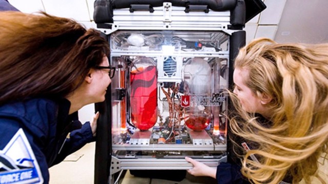 Two students on the KC-135 look at their fluids experiment in a microgravity environment