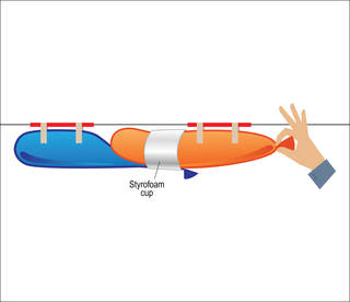 Illustration of a multistage balloon rocket attached to a horizontal stretch of fishing line