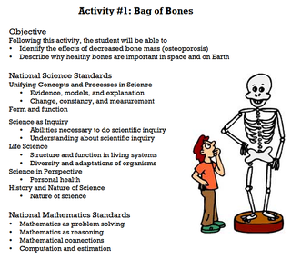 Cartoon drawing of a boy looking at a model of a life-size human skeleton