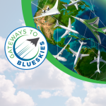 Gateways to Blue Skies logo with a cloud-filled sky, and a globe filled with varied-body type aircraft